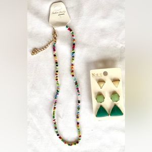 Seed bead colorful necklace with green + earring set, gold tone